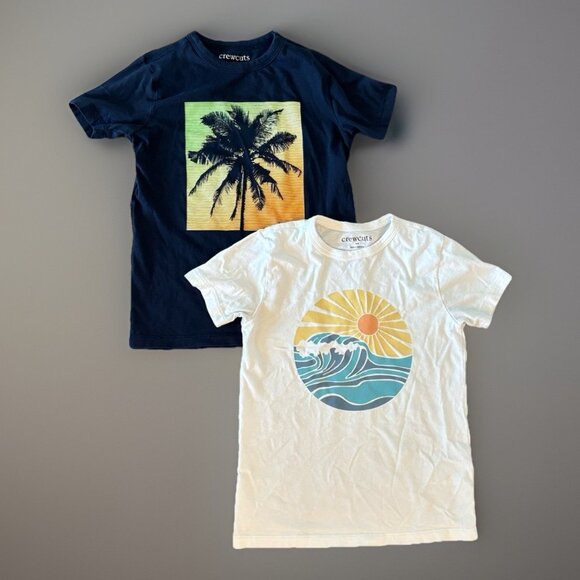 J Crew Crewcuts Boys Lot Of 2 T-shirts 6-7 Palm Tree Sun Waves Preppy School - Picture 1 of 12